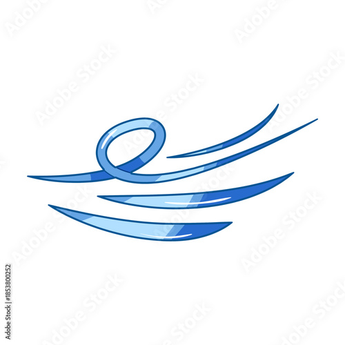 Stylized blue air current stream symbolizing wind and breeze, abstract swirling flow representing ventilation, cool air, movement and atmospheric or environmental concepts on white background