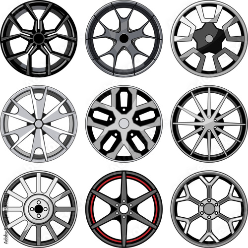 Collection of alloy wheel designs showcasing diverse rims and spokes for car customization, tuning and performance styling, isolated set on transparent background for automotive use