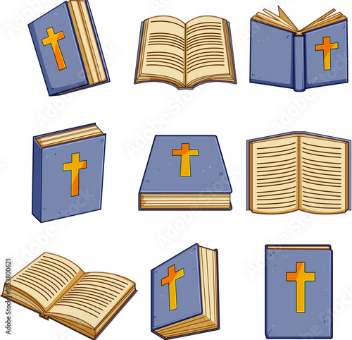 Collection of sacred christian bibles, some open with text pages and some closed with crosses on the cover, representing faith, spirituality, and religious study