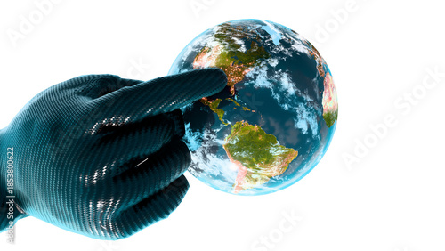 Futuristic carbon cyborg finger pointing at Washington DC and New York on realistic Earth - US strategy concept created by 3D modeling nightly city lights.