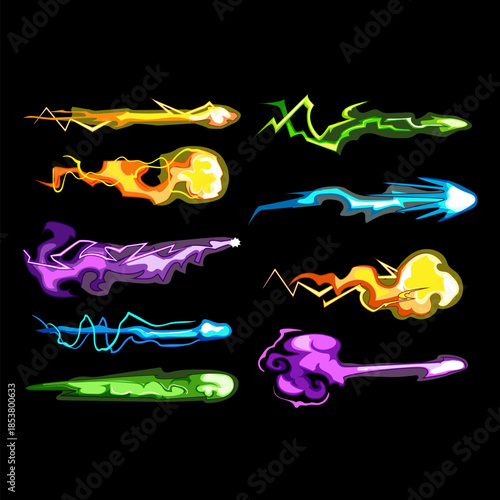 Collection of vibrant energy blast effects, illustrating various shooting projectiles, magic spells, and power attacks, ideal for game development or animation elements
