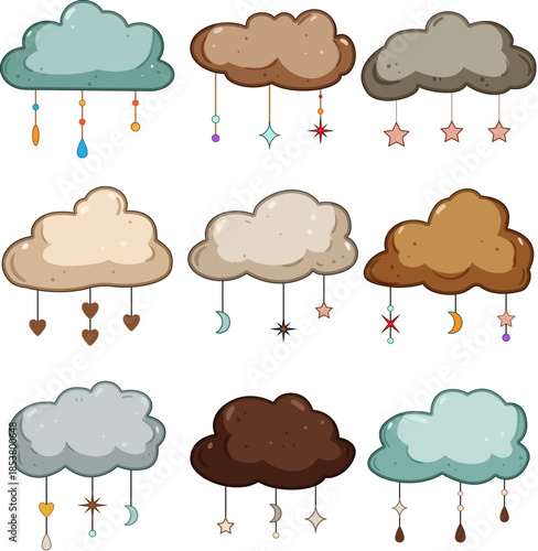 Collection of stylized clouds in muted earthy and pastel tones, featuring hanging elements like stars, moons, hearts, rain drops, and beads, creating a whimsical nursery or baby room decor