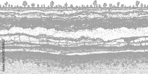 Abstract layered landscape with textured ground and forest trees isolated on white background