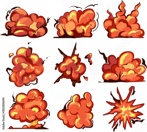 Multiple stylized cartoon explosions and smoke clouds in orange, red and yellow, set of dynamic blast effects for game sprites, comics, animations and action scenes on white background
