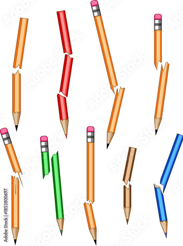 Assorted color pencils are broken into multiple pieces, scattered across a white background, symbolizing concepts of stress, frustration, writing challenges, and educational difficulties