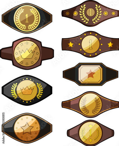 Collection of stylized champion belts featuring gold plates with number one, laurel wreaths, crowns, and stars, representing winning, success, sport awards, and competition prizes