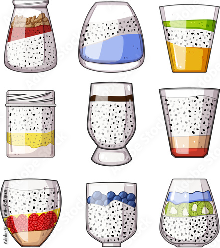 Chia seed puddings with layered fruits, granola, and colorful ingredients in nine different glass containers, representing diverse choices for a nutritious and trendy snack or meal