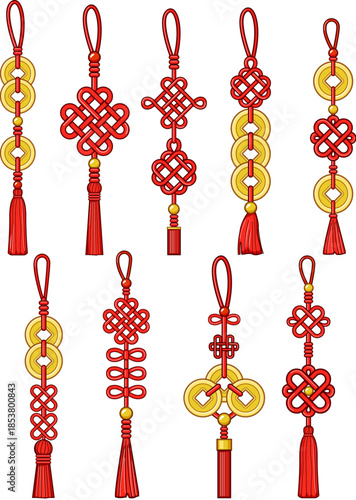 Red lucky knots with golden coins and tassels forming a diverse collection, symbolizing prosperity, happiness, and oriental cultural traditions for spring festival and new year celebrations