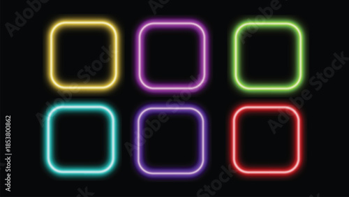 A vibrant collection of six glowing neon square frames on a dark black background