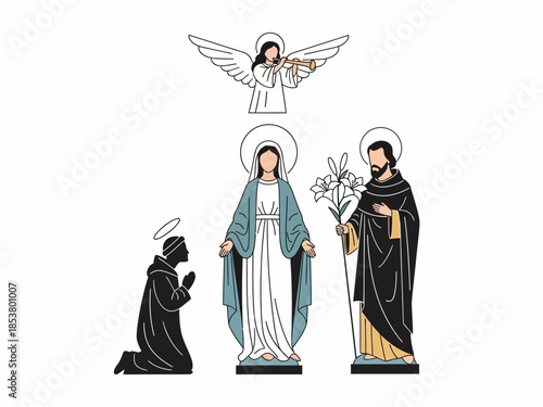 Religious figures including an angel Virgin Mary a saint and a kneeling man