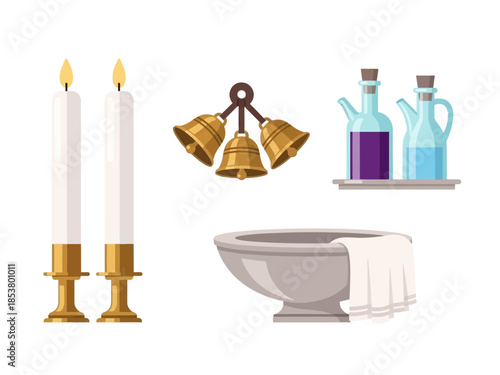 Religious ritual objects including candles bells cruets and a baptismal font with a towel