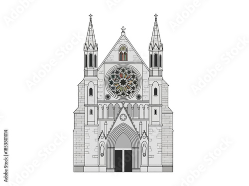 Stylized symmetrical illustration of a lightcolored Gothic Revival church facade with towers and a rose window
