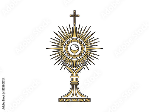 Stylized gold monstrance with sunburst rays and a cross atop