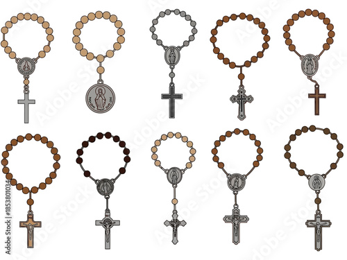 Ten distinct depictions of rosaries arranged in two rows of five
