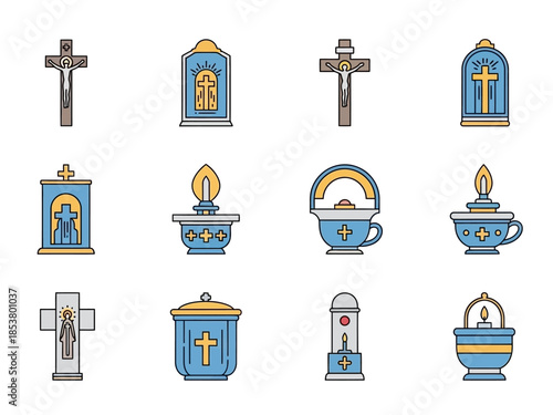 Twelve icons depicting Christian religious objects crosses and sanctuary lamps