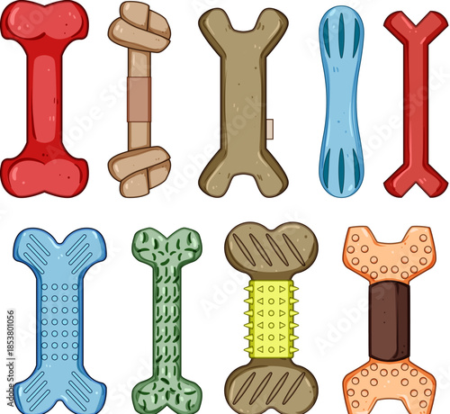 Collection of colorful dog bone toys displaying different shapes, textures, materials, and designs, providing diverse chewing options and playful enrichment for canine companions