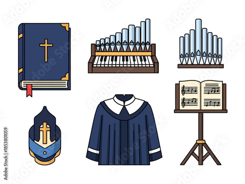 Collection of six religious and musical icons on a white background