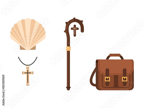 Four pilgrim items scallop shell cross necklace crozier and leather satchel