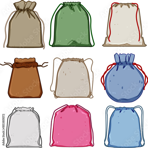 Collection of various drawstring bags presenting different shapes, materials, and colors, including canvas, fabric, and linen textures, suitable for packaging, gift wrapping, or storage concepts