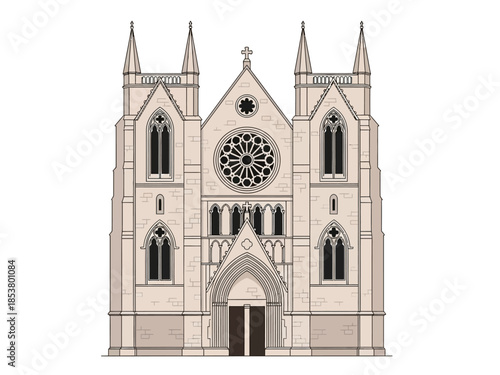 Front elevation drawing of a Gothic Revival church facade with twin towers