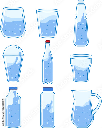 Collection of various transparent containers filled with water, illustrating different options for consuming healthy drinks and pure hydration in daily life