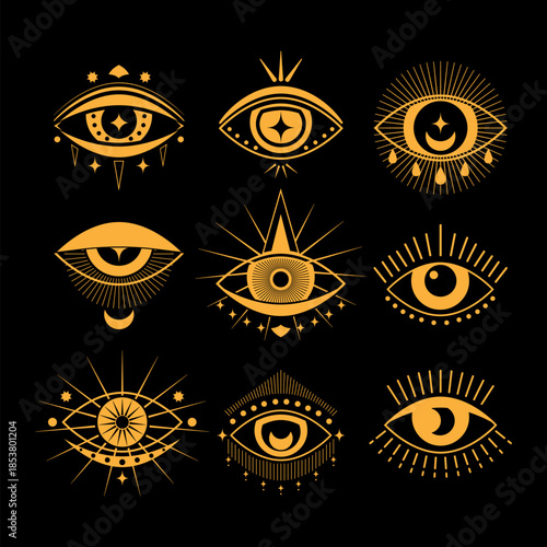 Eye symbols in a mystical golden design on a black background, representing concepts of insight, third eye awakening, protective vision, and spiritual astrology