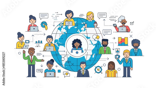 Global Teamwork: Diverse People Collaborating Around the World with Laptops