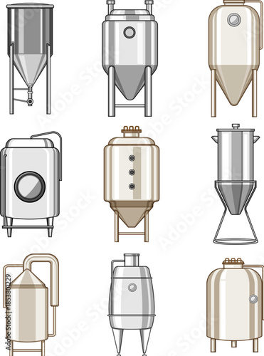 Various metal fermentation tanks and industrial steel brewing vessels for alcohol production or chemical processing, forming a comprehensive set of equipment icons