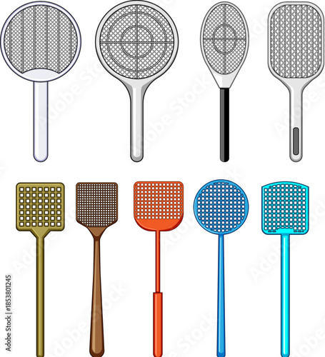 Set of fly swatters and electric bug zappers on white background, assorted manual and electric insect control tools for home pest prevention, hygiene and summer mosquito defense