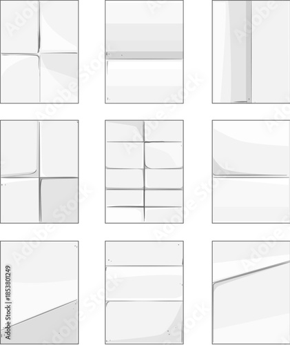 White paper sheets featuring different crease patterns and texture effects, creating useful blank templates for graphic design, communication, document, and note concepts