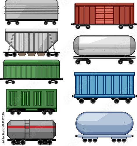 Collection of diverse freight train wagons boxcars, tank cars, hoppers and flatcars side view set on white background, industrial transport and logistics illustration