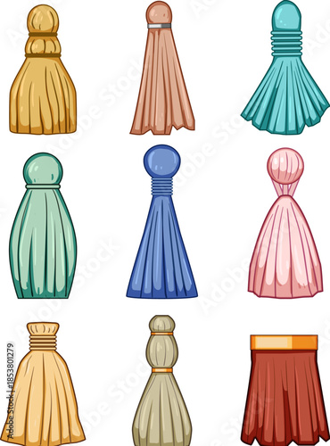 Variety of colorful decorative tassels and elegant fringes used for home decor, fashion accessories, or craft embellishments, presented as a vibrant cartoon illustration set