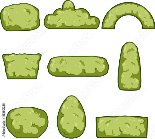 Cartoon vector illustration showing a collection of various natural green garden hedges and bushes, ideal for landscape design, park elements, or user interface graphics