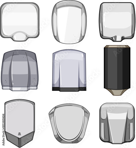 Nine diverse hand dryer and paper towel dispenser designs in vector style, showing modern, vintage and industrial washroom hygiene equipment for public restrooms and facilities