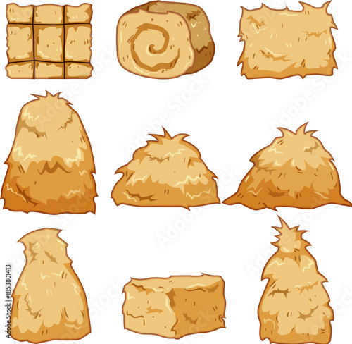 Collection of cartoon haystacks and hay bales in various shapes and sizes, farm themed vector illustrations conveying rural harvest, animal feed, and summer countryside scenes