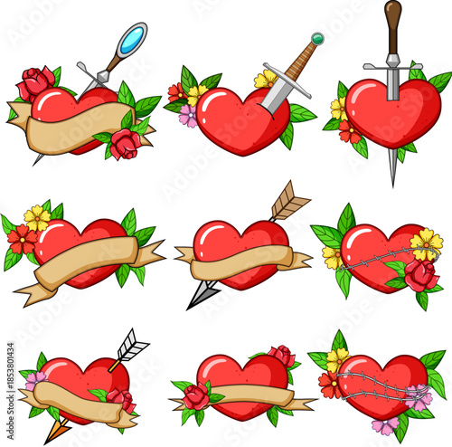 Set of nine traditional tattoo style red hearts depicting love and passion, often pierced by arrows or swords, or wrapped in barbed wire, offering themes of romance and heartache