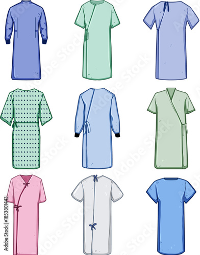 Hospital gown designs collection showcasing various styles, colors, and sleeve lengths for patient comfort, medical staff apparel, and healthcare industry
