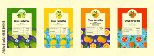 Citrus Label Set with Hand-Drawn Patterns and Logos. Lemon, Lime, Orange and Grapefruit
