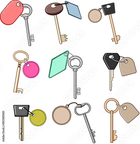 Collection of keys for houses, cars, and hotel rooms, each featuring an attached blank tag or keychain in various colors, symbolizing access, security, and ownership on a white background