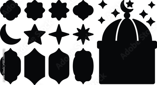 Ramadan ornament elements and Arab Islam arabesque, oriental Muslim art patterns set. Vector Arabian black line geometric ornament frame borders, Ramadan lanterns and mosque arches ornament elements