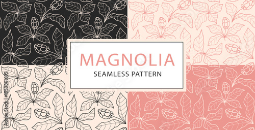 Seamless Line Art Pattern with Magnolia Leaves in Minimal Botanical Style