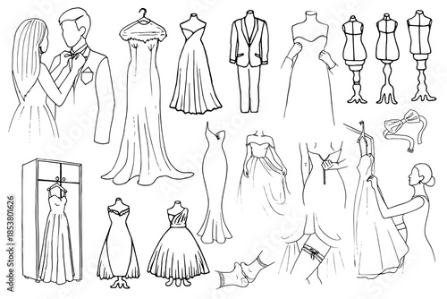 Hand drawn wedding fashion vector set featuring bridal gowns, groom's suits, and dressing scenes. Elegant black and white line art of wedding dresses on mannequins, garment racks, and morning prep