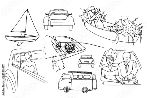 Hand drawn wedding transportation vector set featuring vintage cars, a sailboat, a camper van, and a romantic boat with flowers. Elegant black and white line art for travel-themed wedding decor