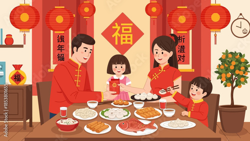 Happy Chinese New Year Family Dinner Celebration with Red Lanterns and Festive Food