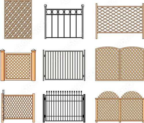 Collection of garden fences, trellises and railings in wood and metal showing diverse designs for privacy, security, boundary and decorative outdoor architecture elements on white background