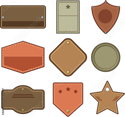 Nine various shaped leather patches and labels featuring stitching and rivets, providing blank spaces for branding, logos, or informational text on a isolated background