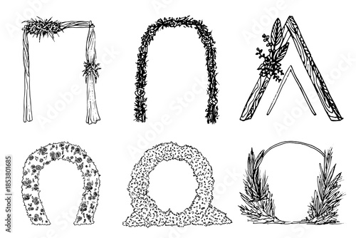 Hand drawn wedding arches and ceremonial backdrops vector set. Black and white line art featuring floral arbors, bohemian wooden frames, and garden gates for marriage ceremony decor