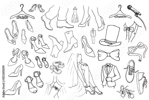 Hand drawn wedding fashion and accessories vector set featuring bridal shoes, grooms tuxedo, bow ties, and high heels. Elegant black and white line art for wedding planning and style guides.