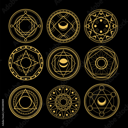 Golden mystical graphic design depicting nine different sacred geometry mandalas. Featuring various alchemical and arcane symbols. Suggesting spirituality. Mystery. And occultism on a black background