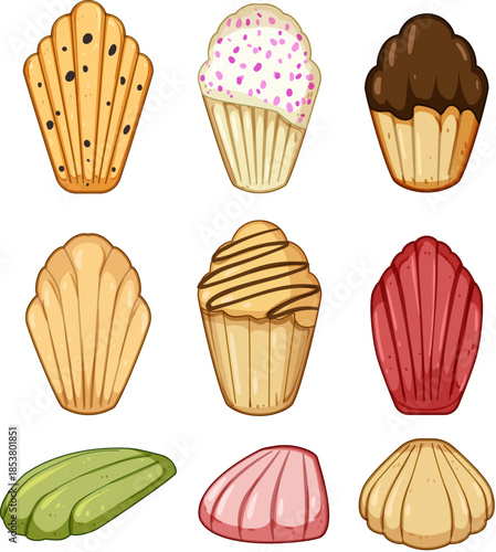 Assorted madeleine cakes and decorative cupcakes offering a variety of flavors and designs, presenting a sweet treat or dessert concept on a white background